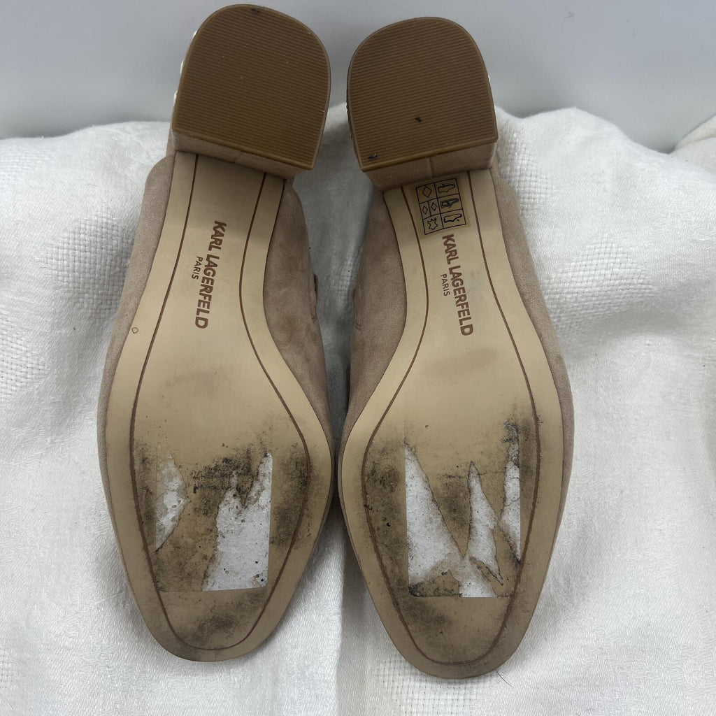 Karl Lagerfeld Paris Semir Taupe Suede Mule Block Heels Pearl Stud Size 6.5