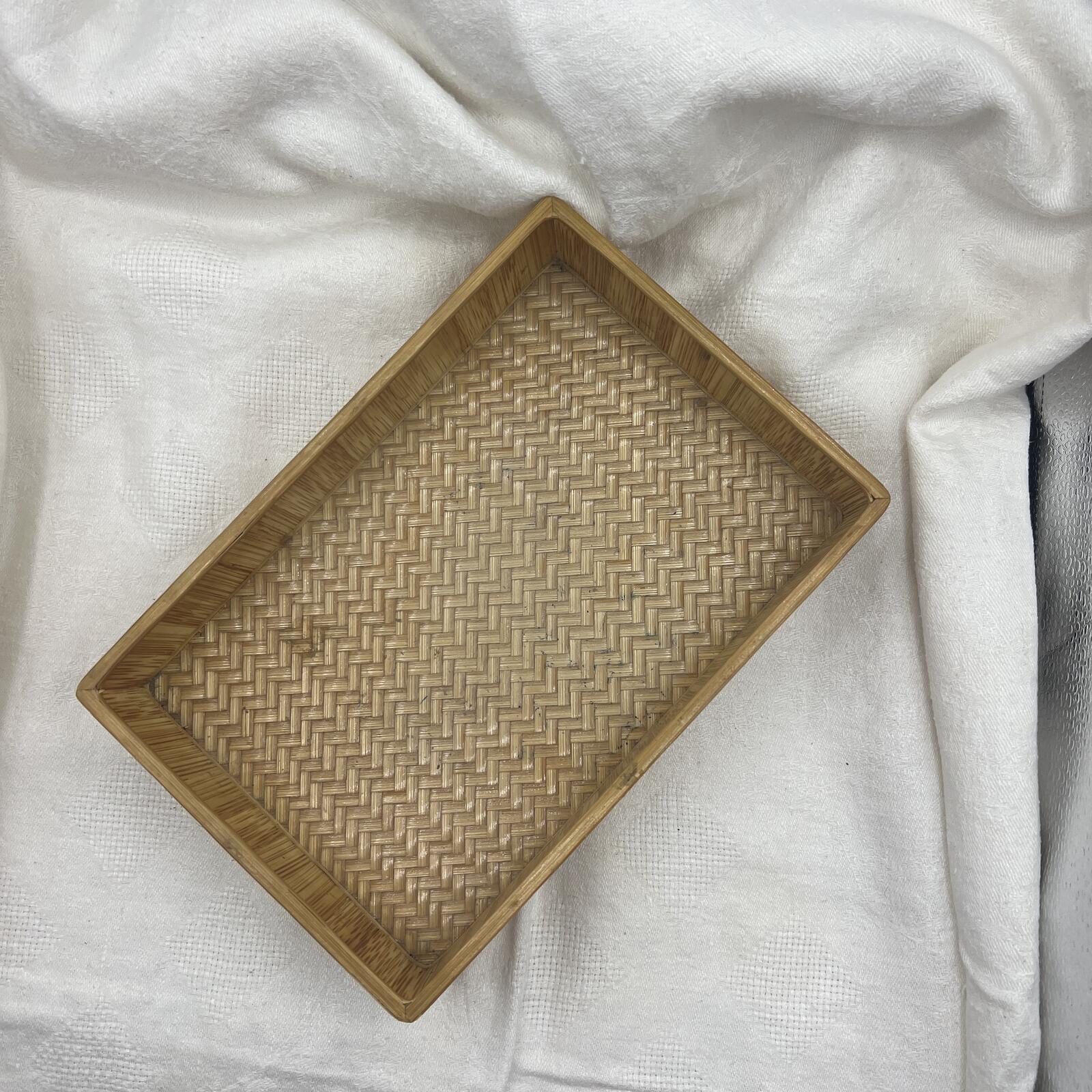 Vintage Woven Bamboo Catchall Tray / Boho Rattan Entryway Organizer