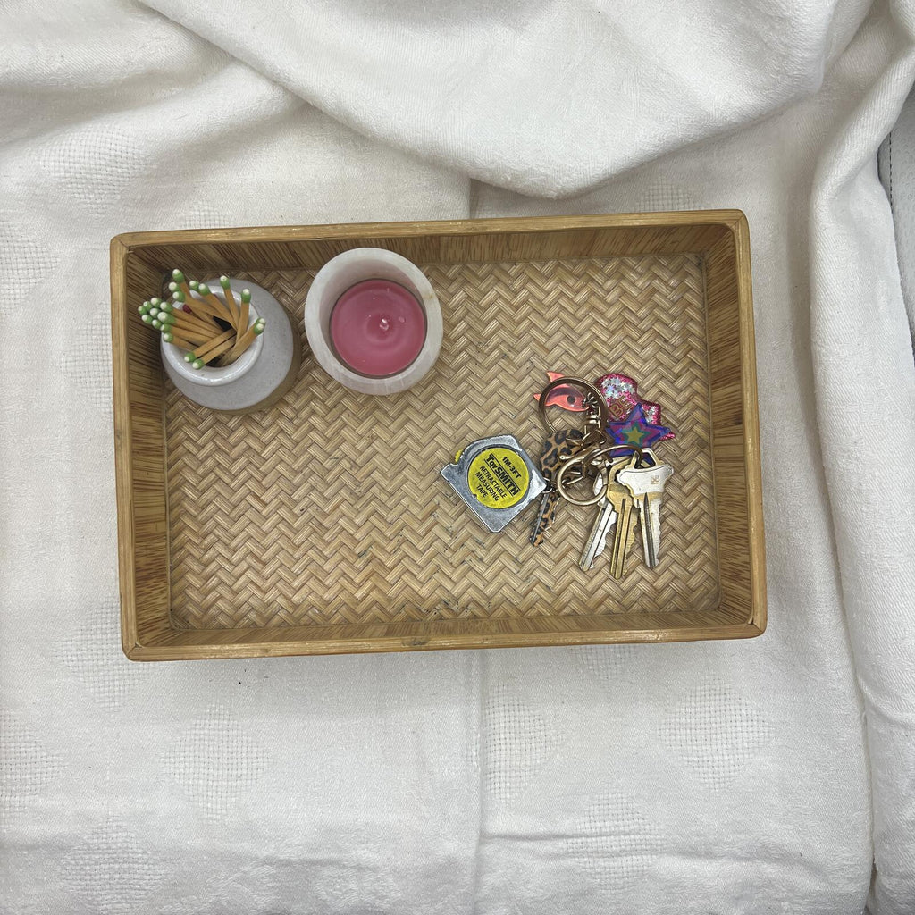 Vintage Woven Bamboo Catchall Tray / Boho Rattan Entryway Organizer