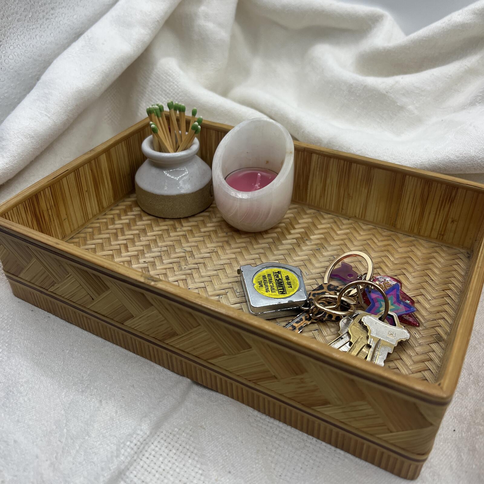Vintage Woven Bamboo Catchall Tray / Boho Rattan Entryway Organizer