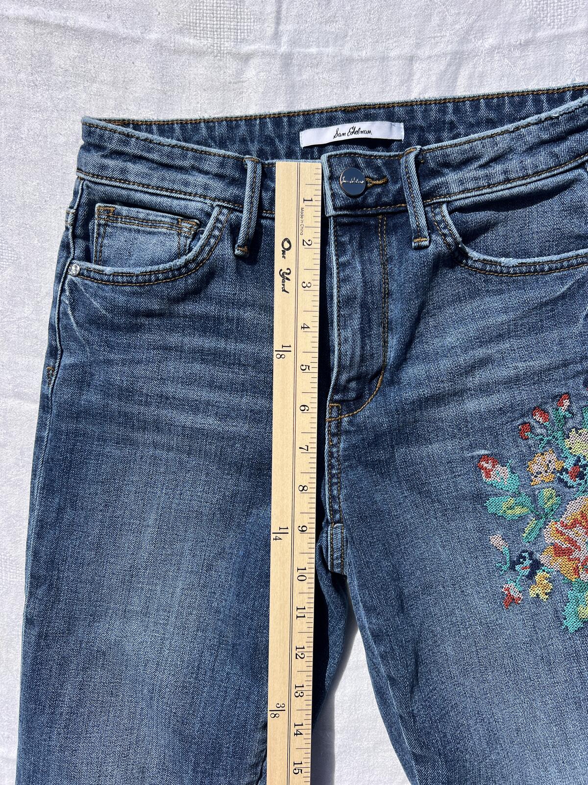 Sam Edelman Mary Jane High Rise Straight Crop Jeans Floral Embroidered - Size 27