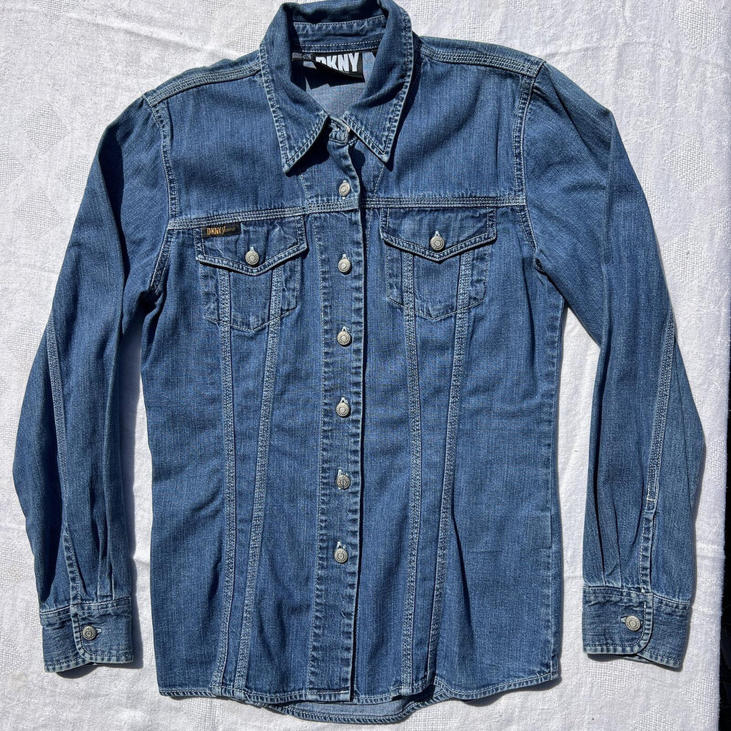 DKNY Jeans Petite Denim Button Front Shirt Jacket/Shacket Women’s P8 Medium Wash