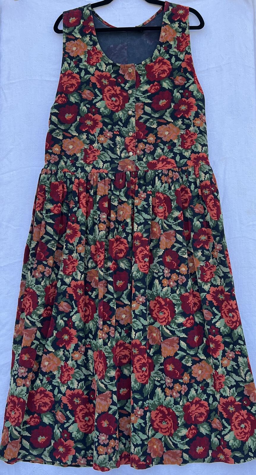 Vintage 90s Floral Button Front Cotton Midi Dress Women’s L Black Red Rose Print