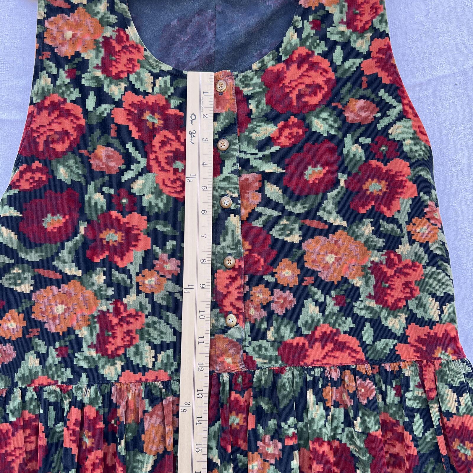 Vintage 90s Floral Button Front Cotton Midi Dress Women’s L Black Red Rose Print