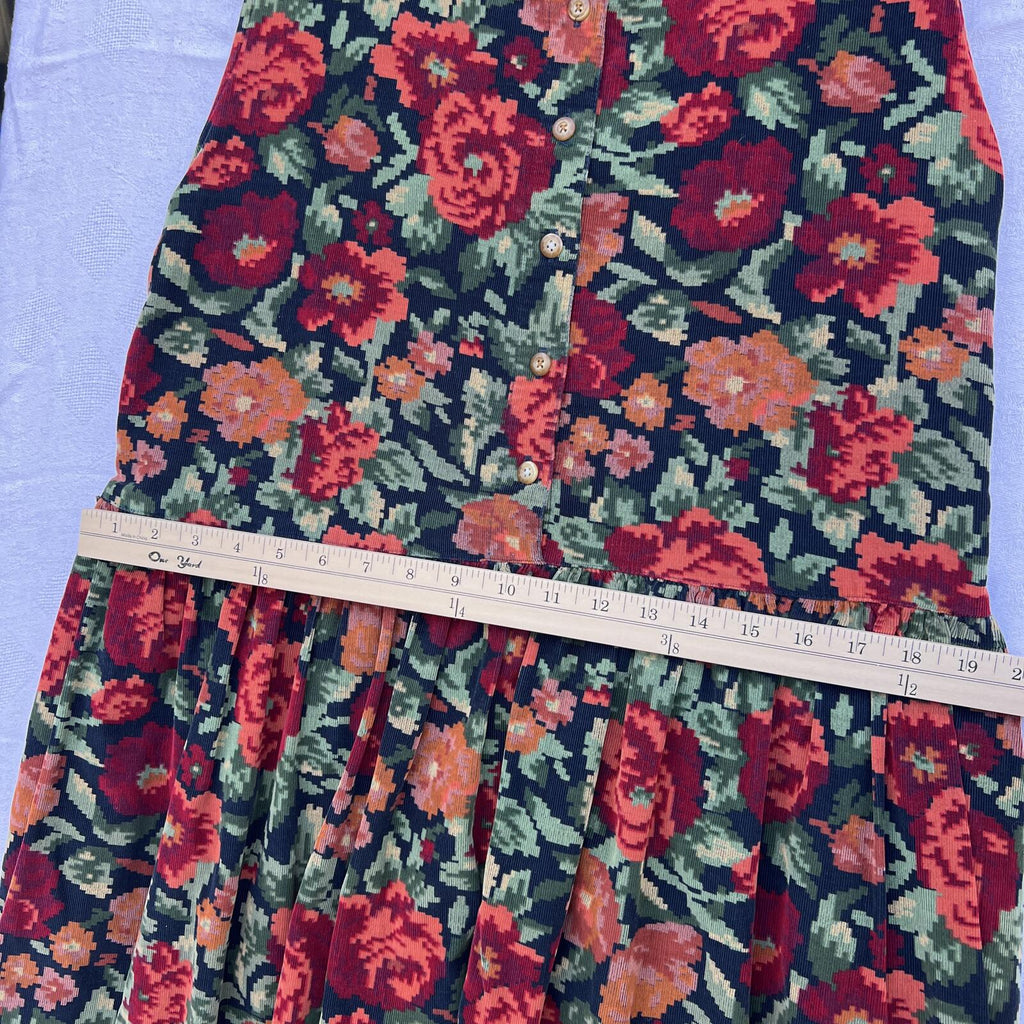 Vintage 90s Floral Button Front Cotton Midi Dress Women’s L Black Red Rose Print