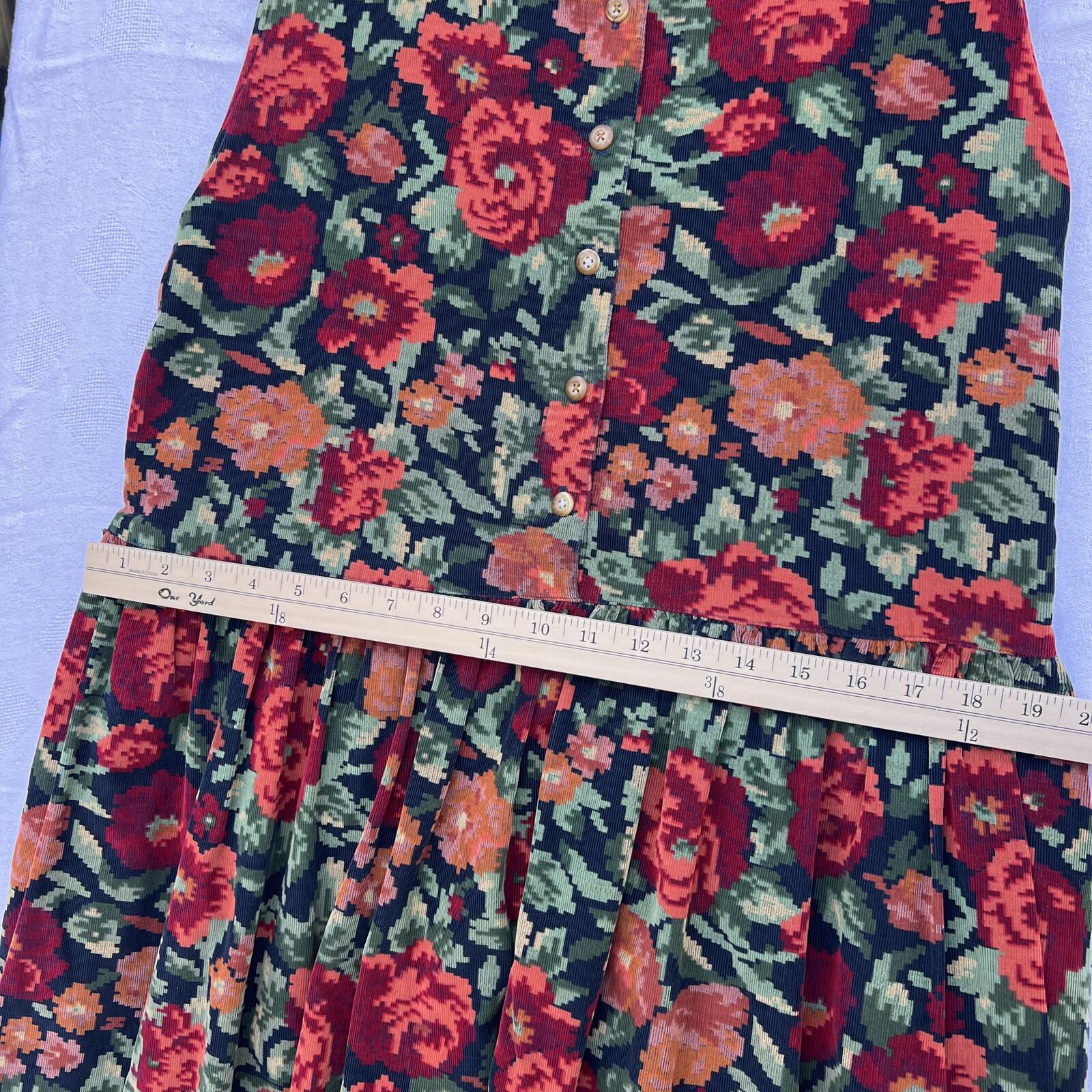 Vintage 90s Floral Button Front Cotton Midi Dress Women’s L Black Red Rose Print