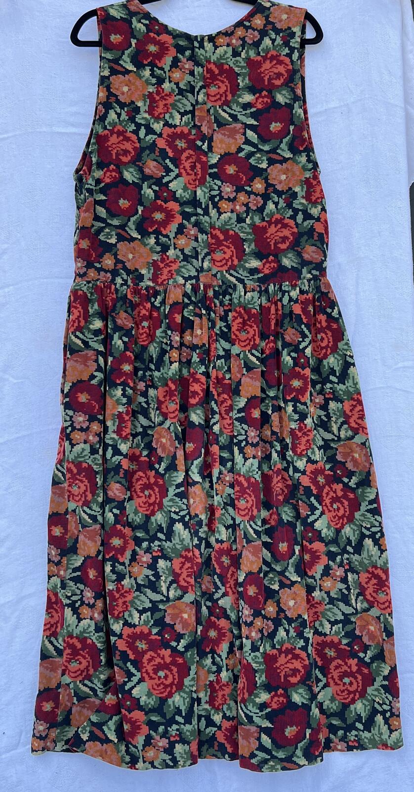 Vintage 90s Floral Button Front Cotton Midi Dress Women’s L Black Red Rose Print