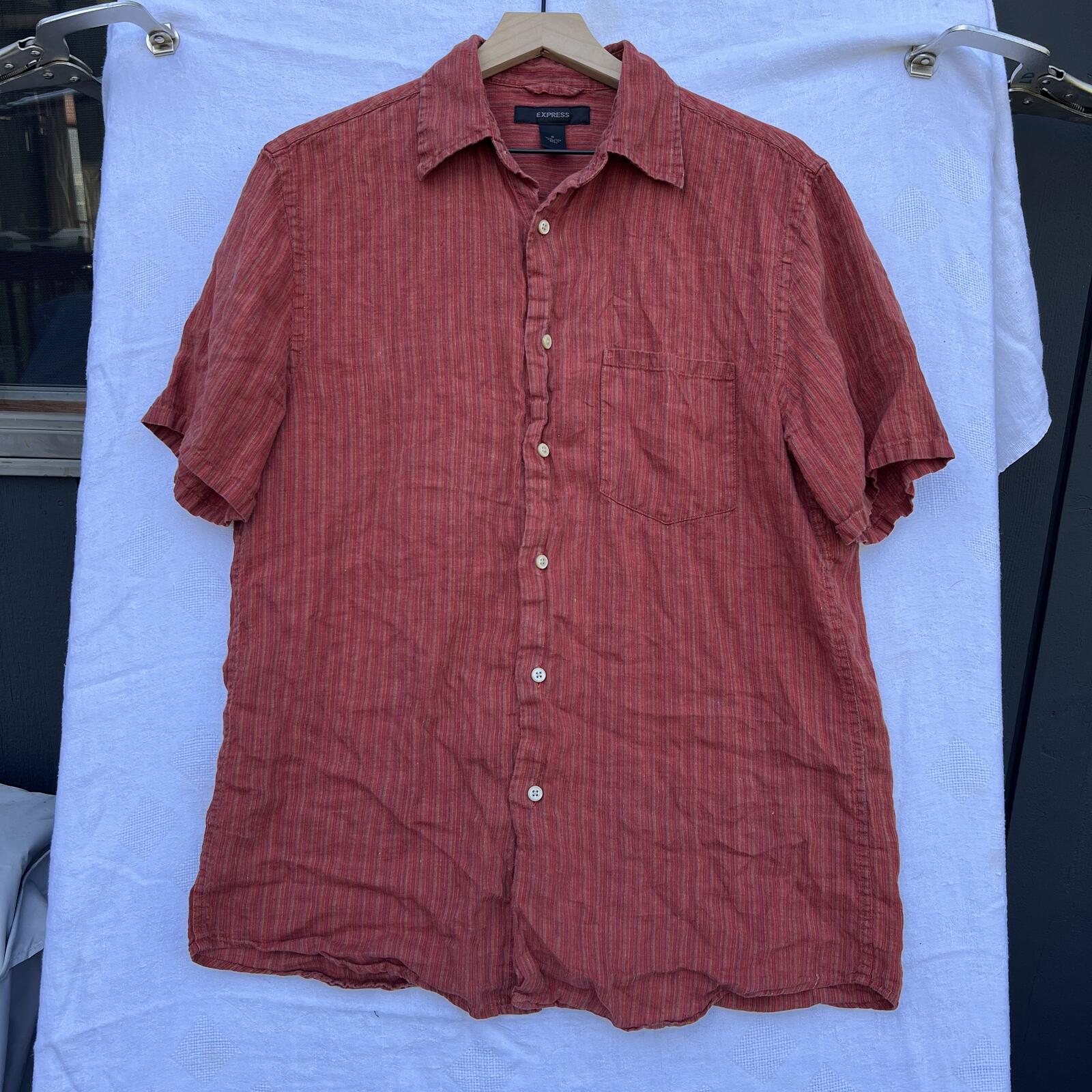 Express Linen Shirt Mens Medium Red Striped Short Sleeve Button Up