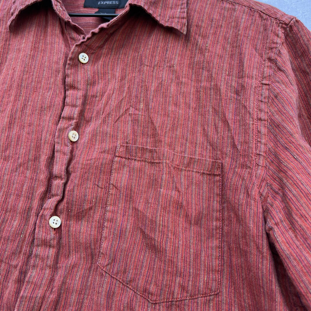 Express Linen Shirt Mens Medium Red Striped Short Sleeve Button Up