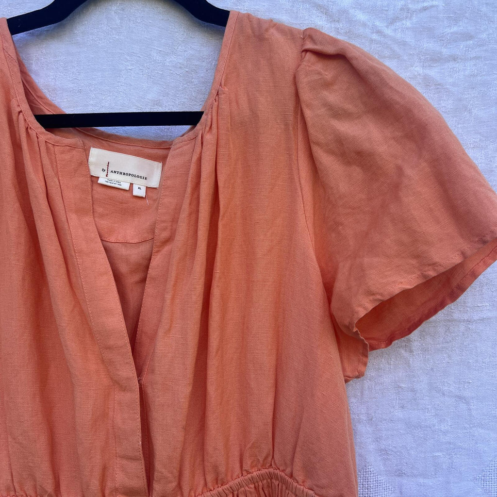 Anthropologie Coral Midi Dress Linen Blend Tiered Smocked XL Boho
