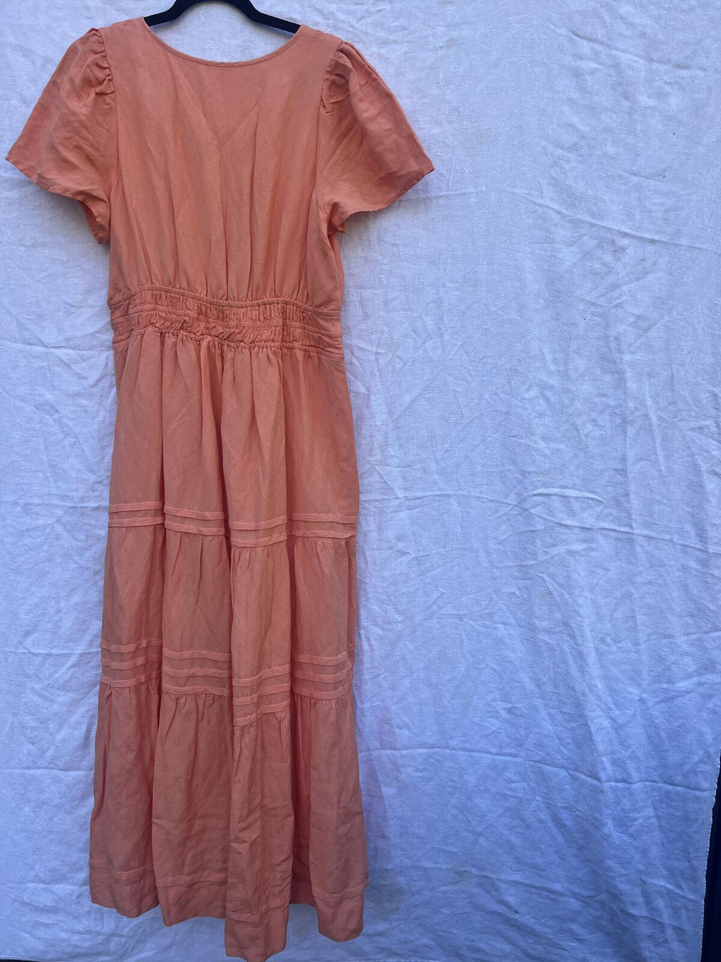 Anthropologie Coral Midi Dress Linen Blend Tiered Smocked XL Boho