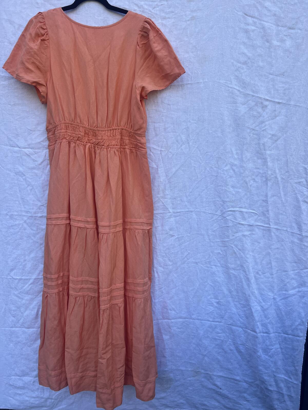 Anthropologie Coral Midi Dress Linen Blend Tiered Smocked XL Boho