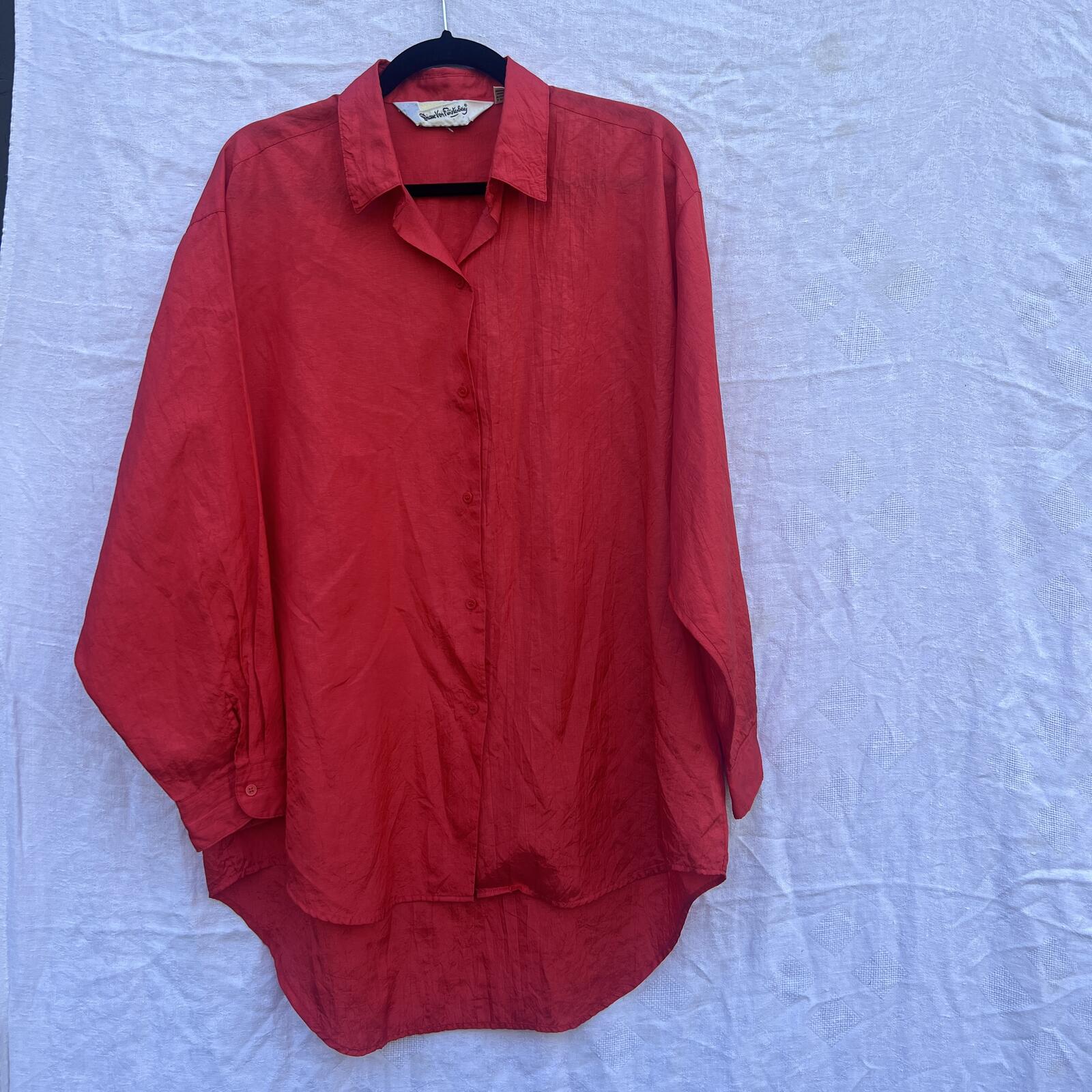 Vintage Diane Von Furstenberg Red Blouse Size L Oversized Button Up