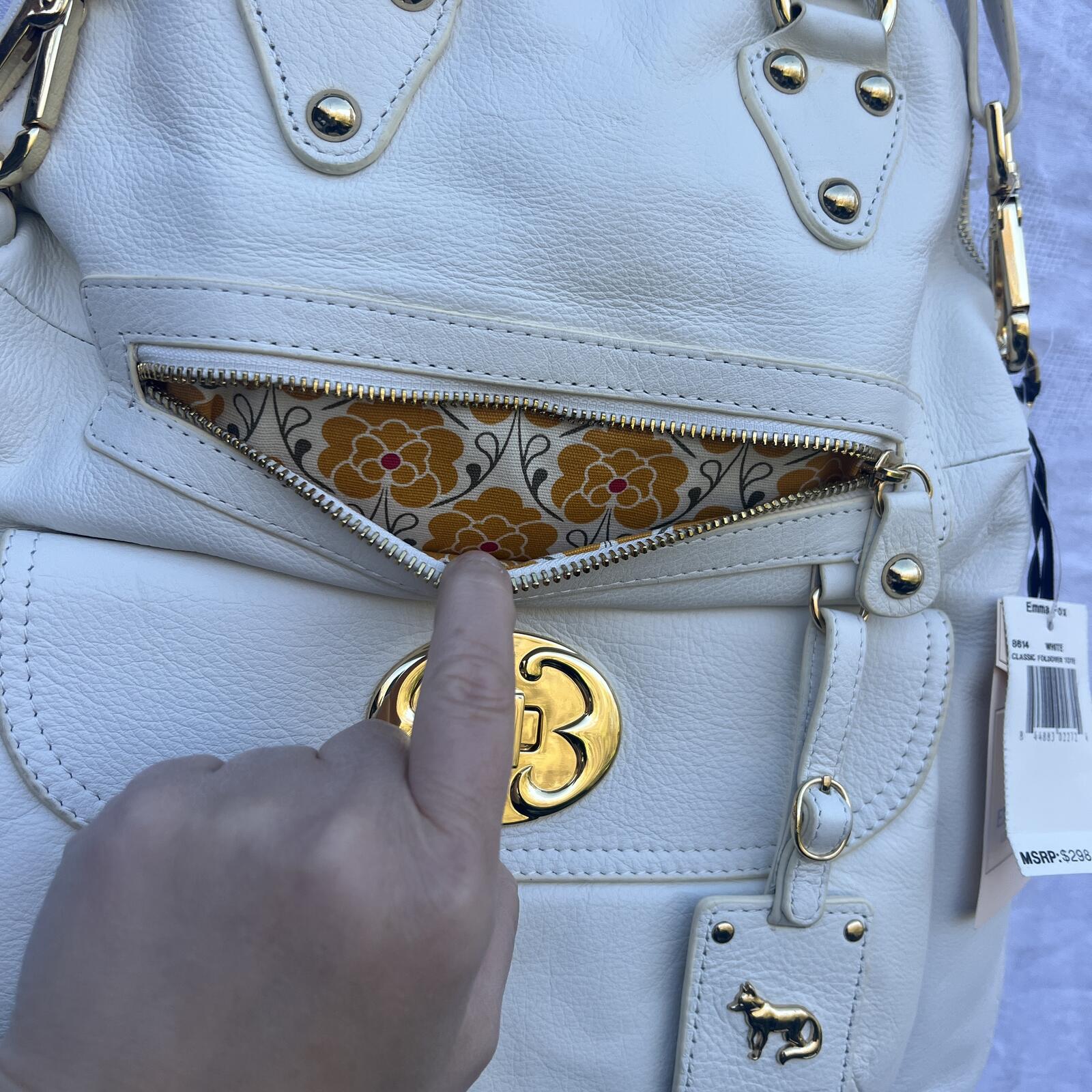 Emma Fox White Leather Satchel Crossbody Bag NWT Gold Hardware Floral