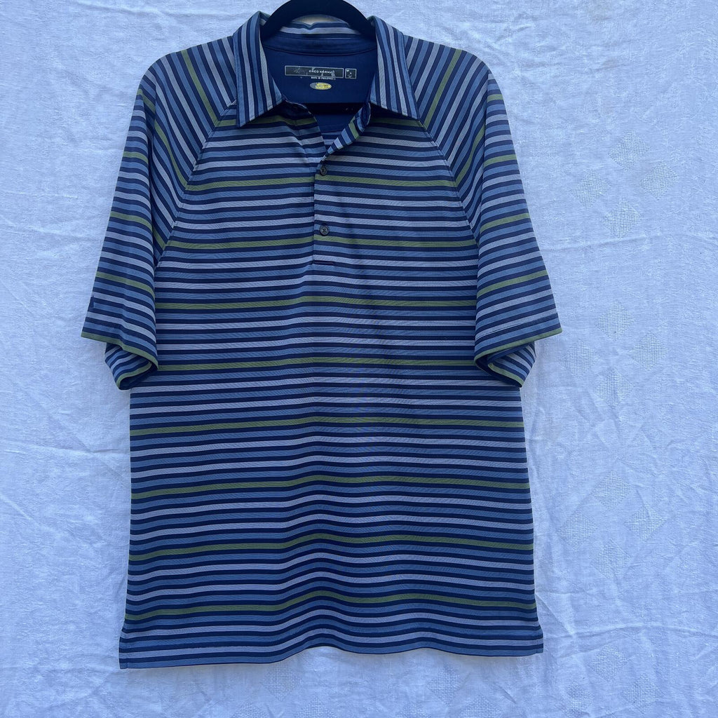 Greg Norman Polo Shirt Mens M Blue Striped Golf Performance Play Dry Polo