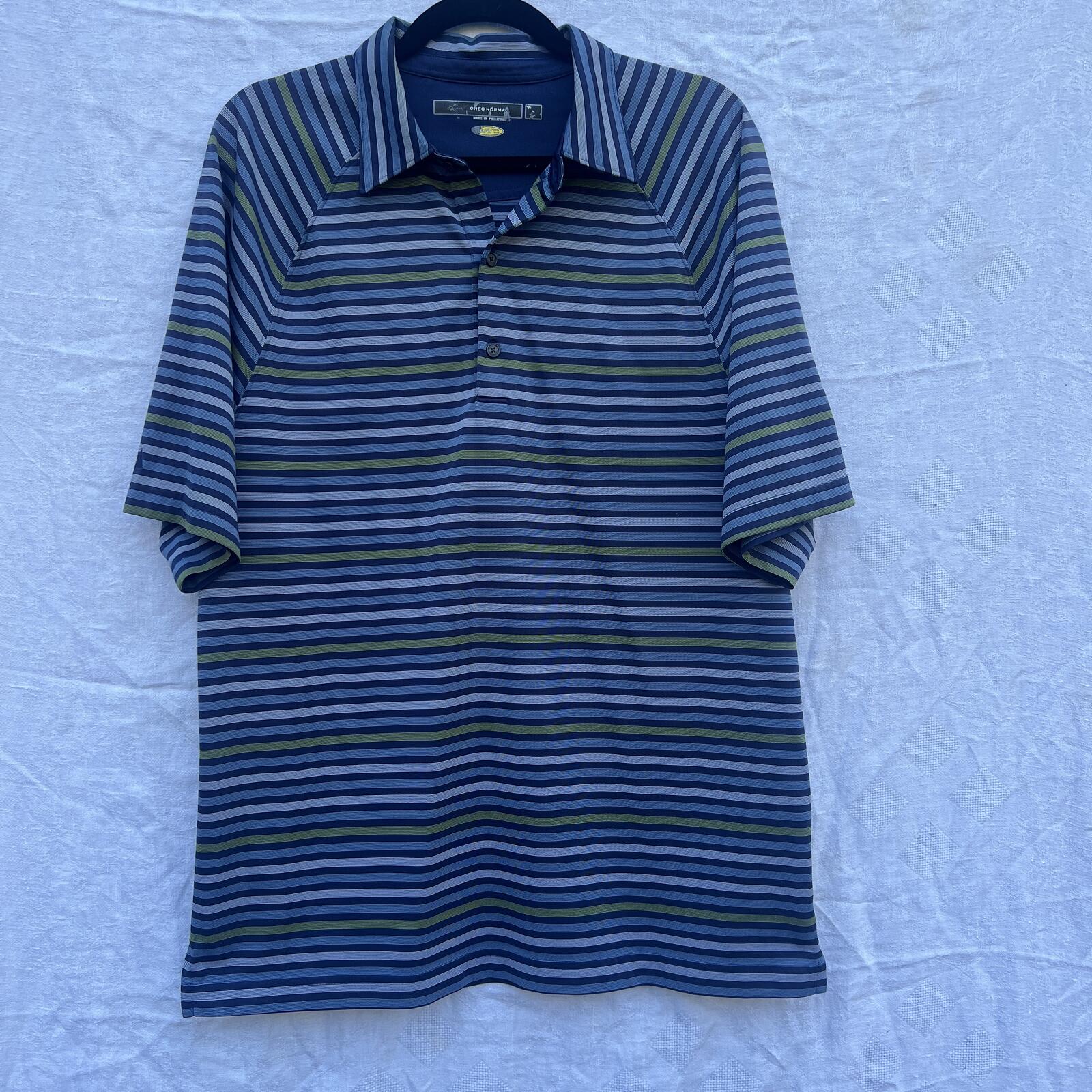 Greg Norman Polo Shirt Mens M Blue Striped Golf Performance Play Dry Polo