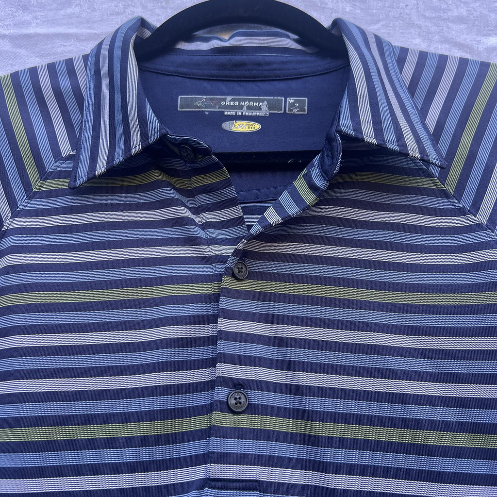 Greg Norman Polo Shirt Mens M Blue Striped Golf Performance Play Dry Polo