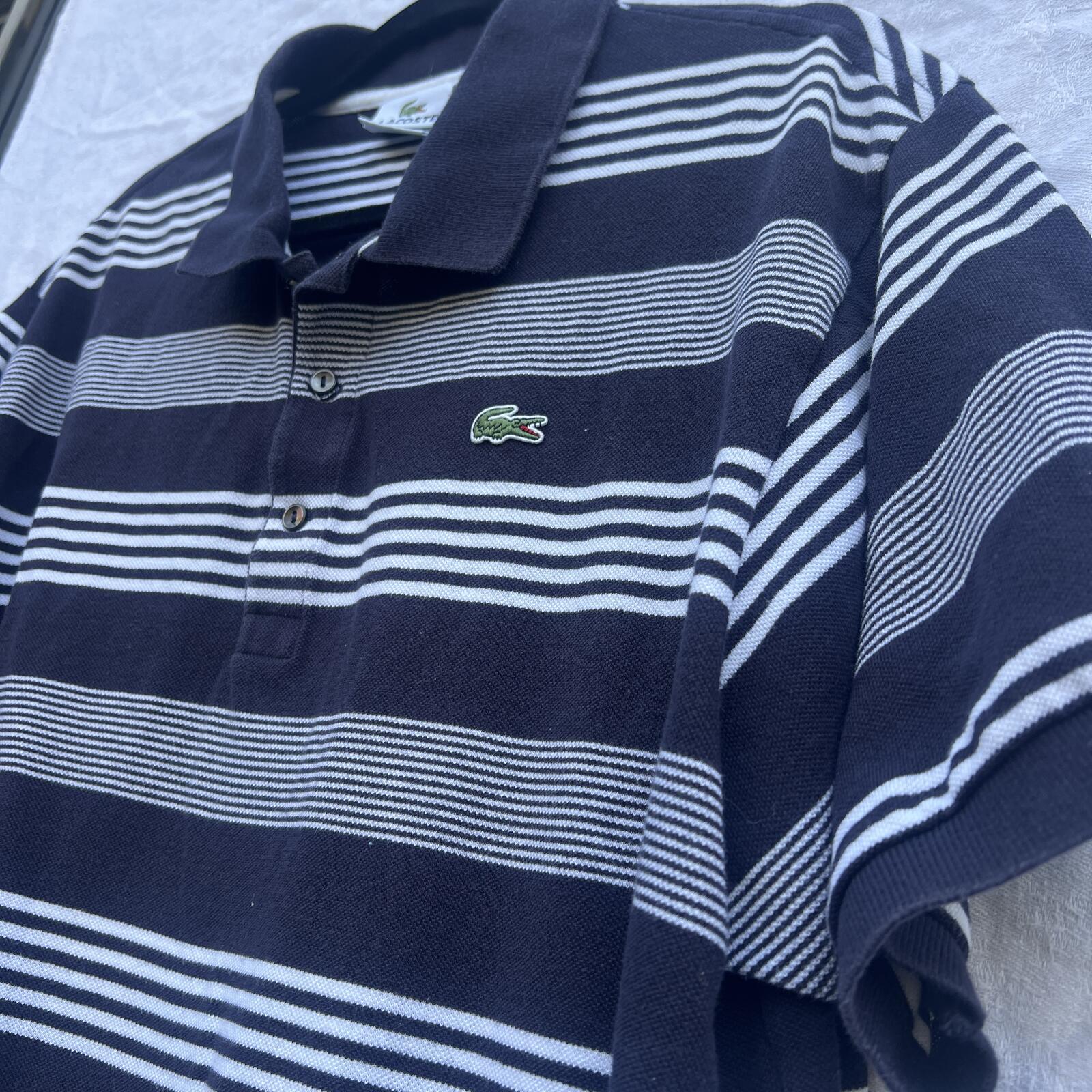 Lacoste Navy White Striped Polo Shirt Classic Croc Logo Size 8
