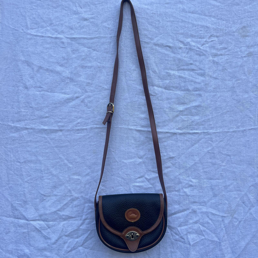 Vintage Pebbled Leather Crossbody Black & Tan Saddle Bag Classic Chic