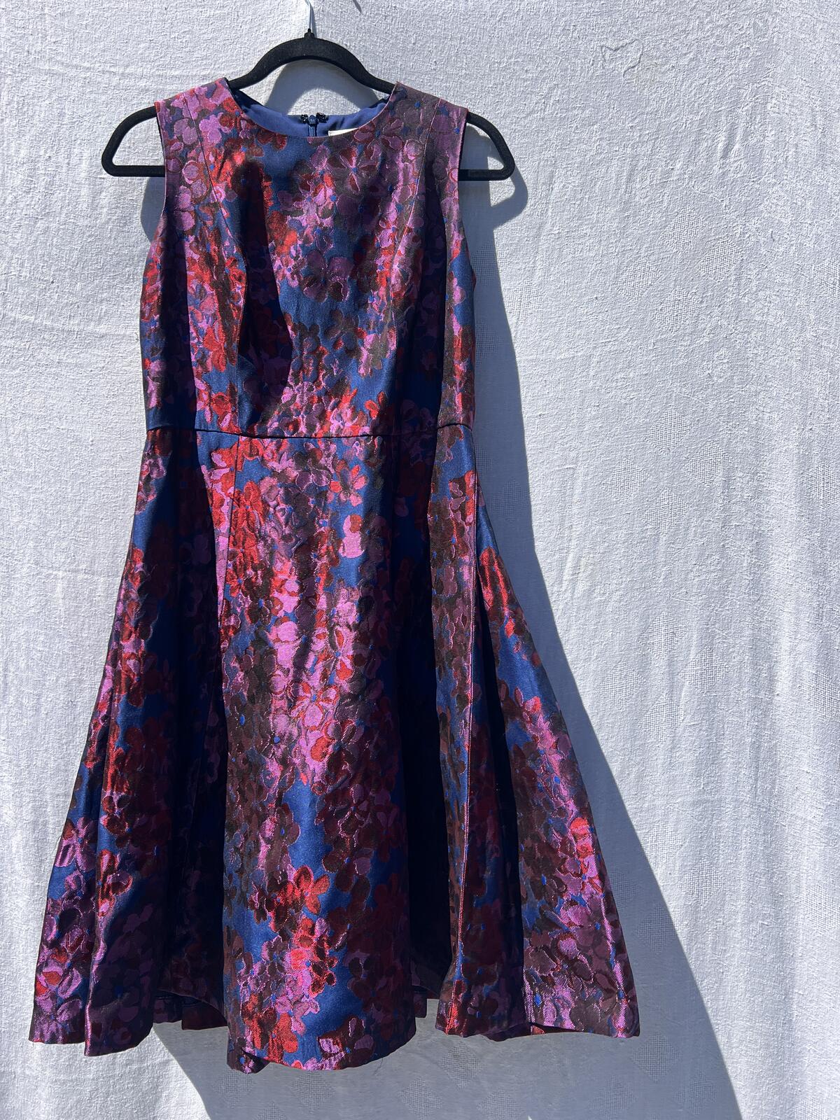 Badgley Mischka Floral Jacquard Fit Flare Dress Blue Pink Size 8
