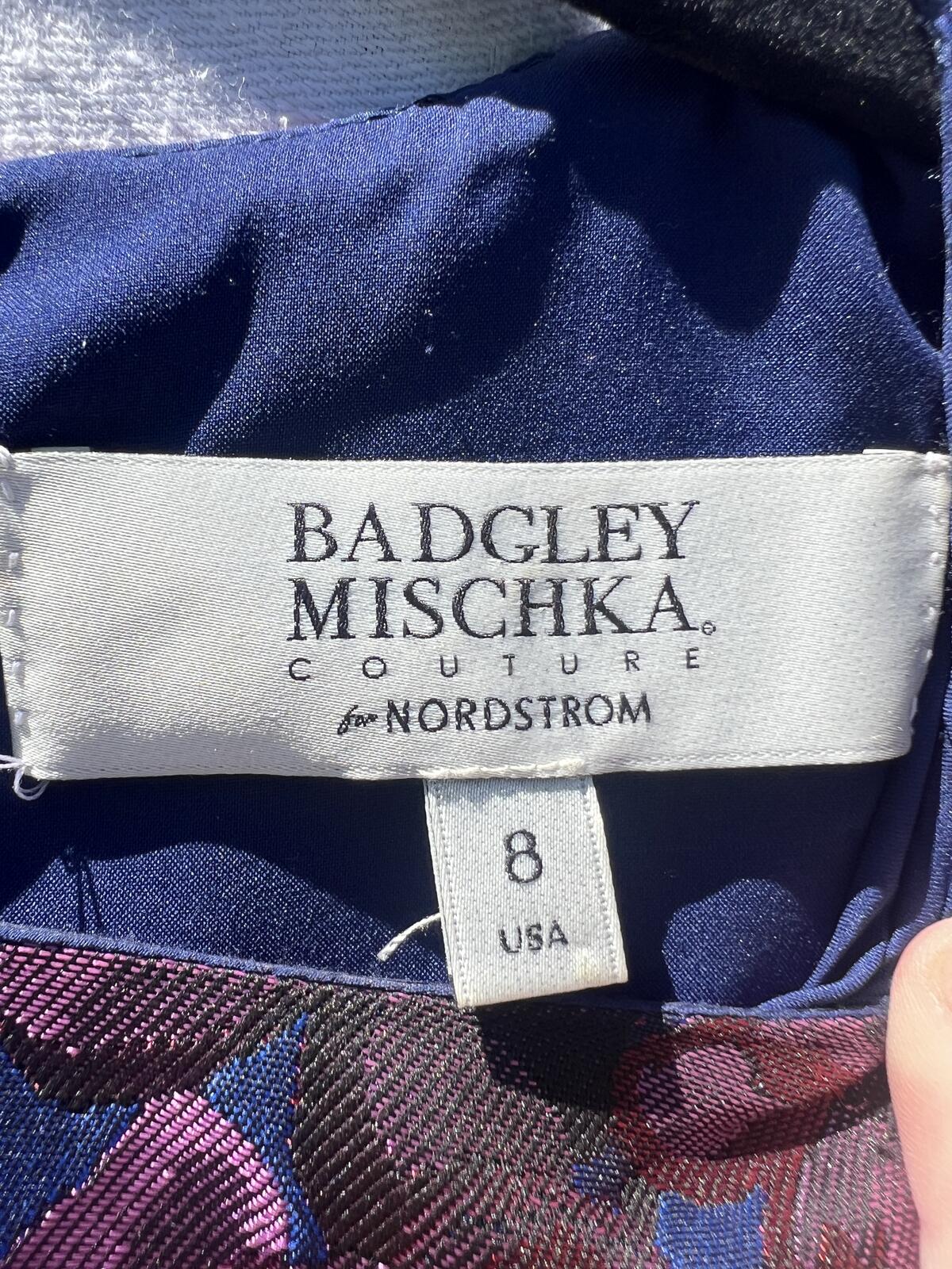 Badgley Mischka Floral Jacquard Fit Flare Dress Blue Pink Size 8