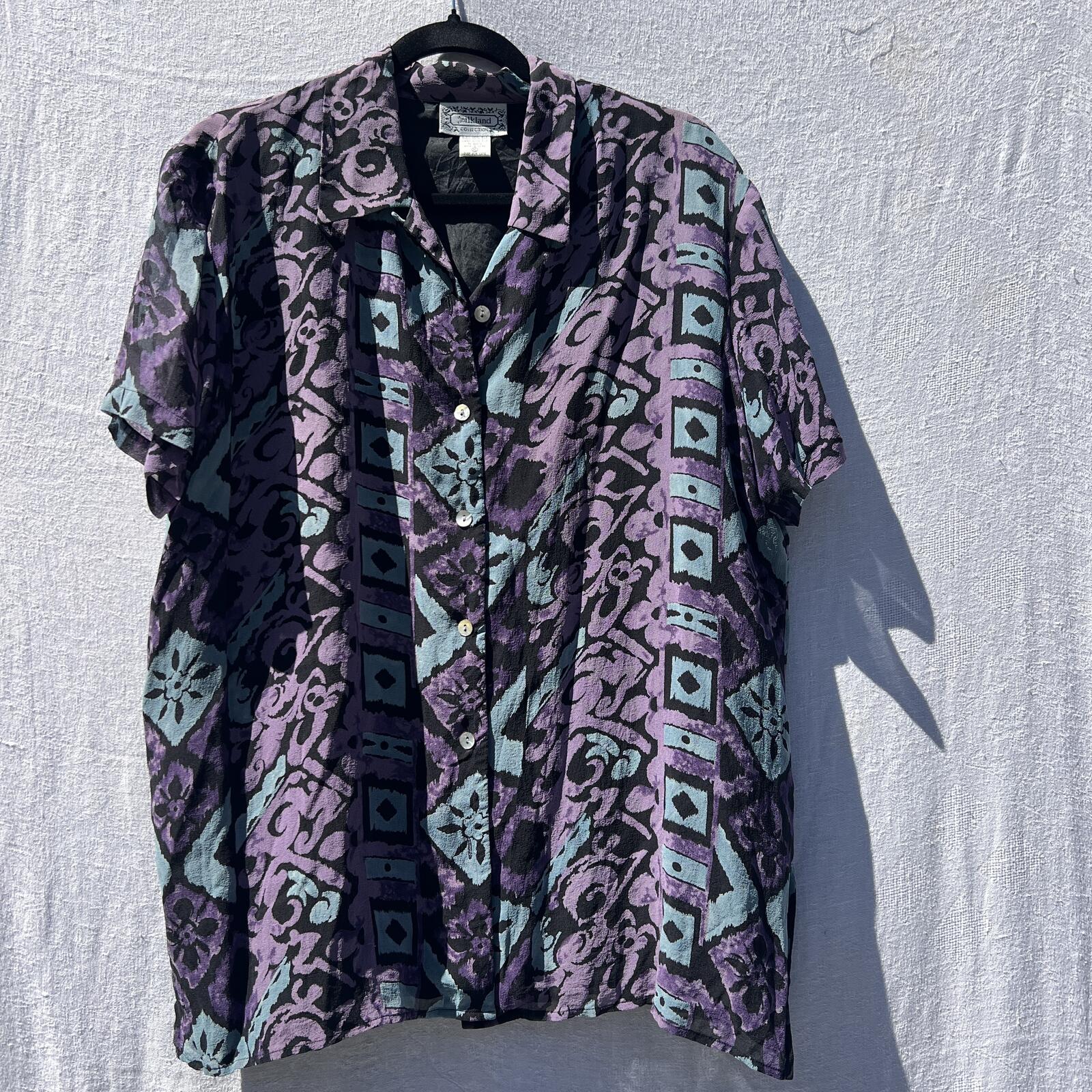Vintage Silkland Silk Blouse Purple Teal Abstract Button Up Shirt XL