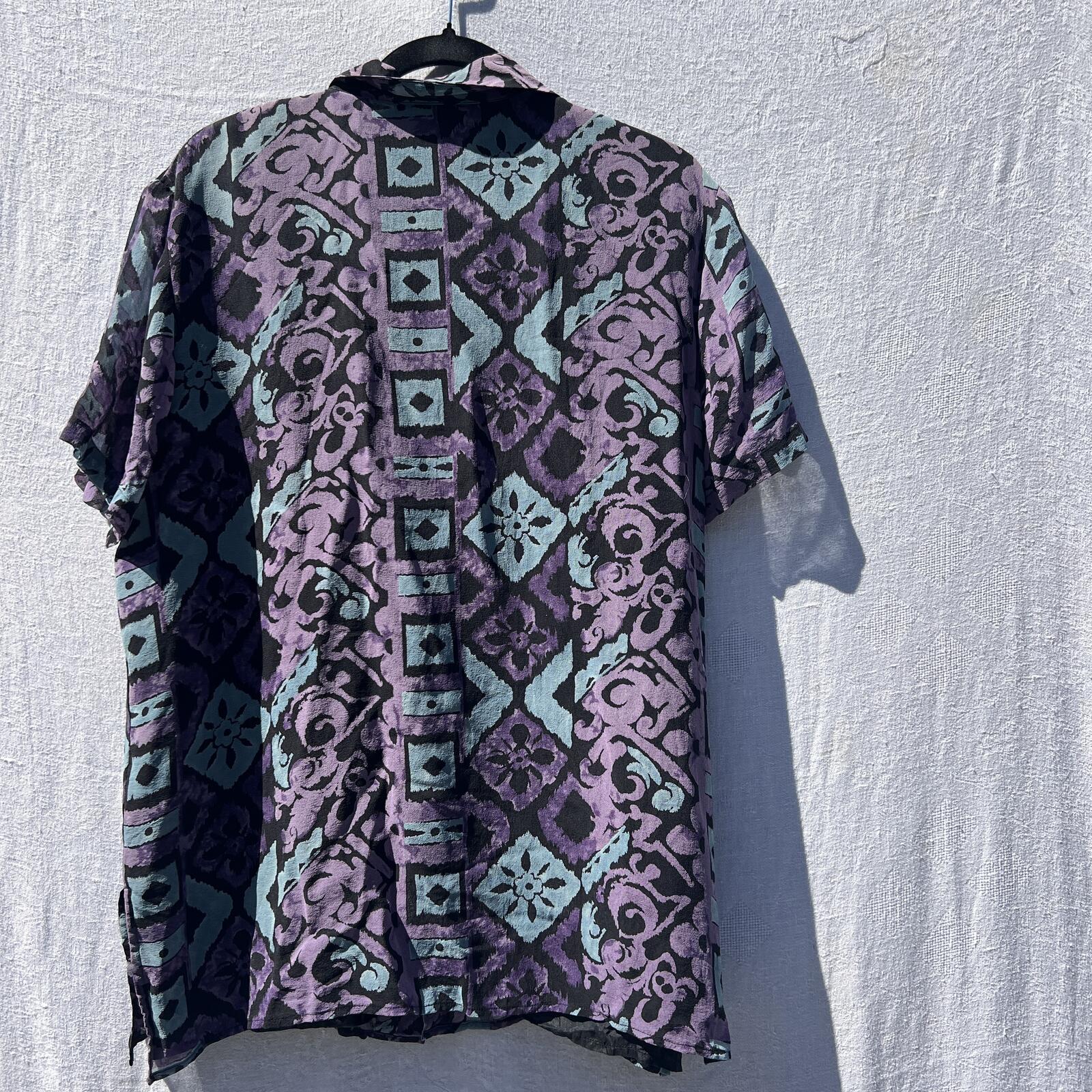 Vintage Silkland Silk Blouse Purple Teal Abstract Button Up Shirt XL
