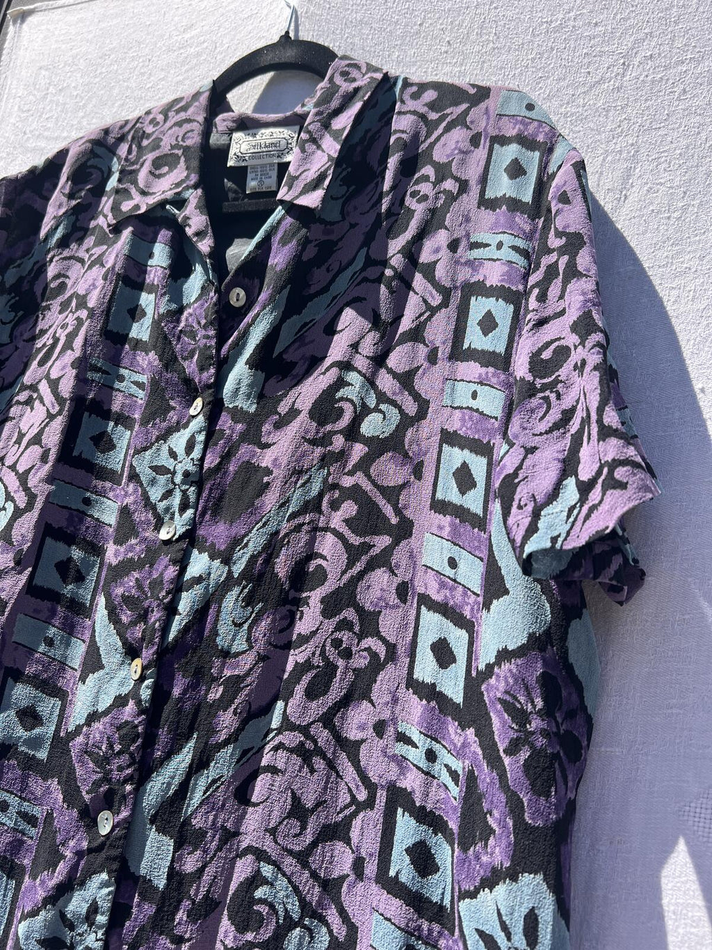Vintage Silkland Silk Blouse Purple Teal Abstract Button Up Shirt XL