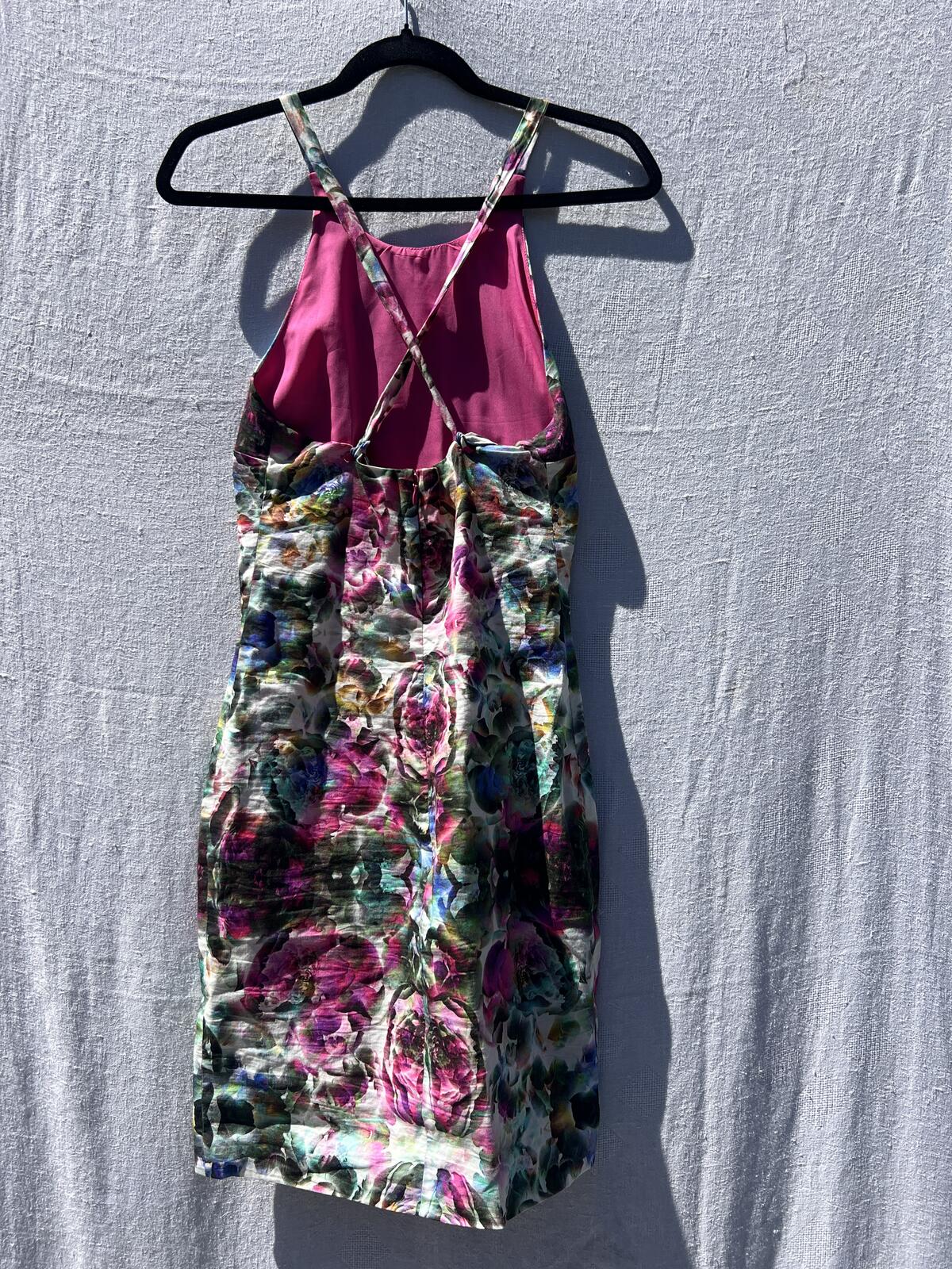 Nicole Miller Krista Sheath Dress Floral Pink Lined Strappy Size 2 Chic