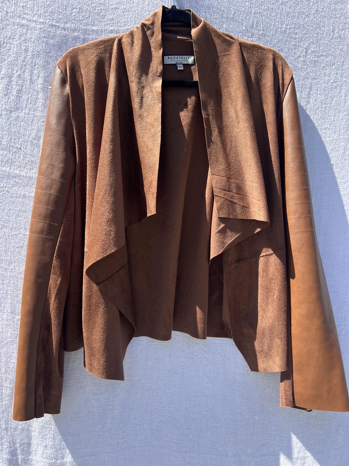 Bagatelle Faux Suede Jacket Womens L Brown Drape Open Front Moto Chic
