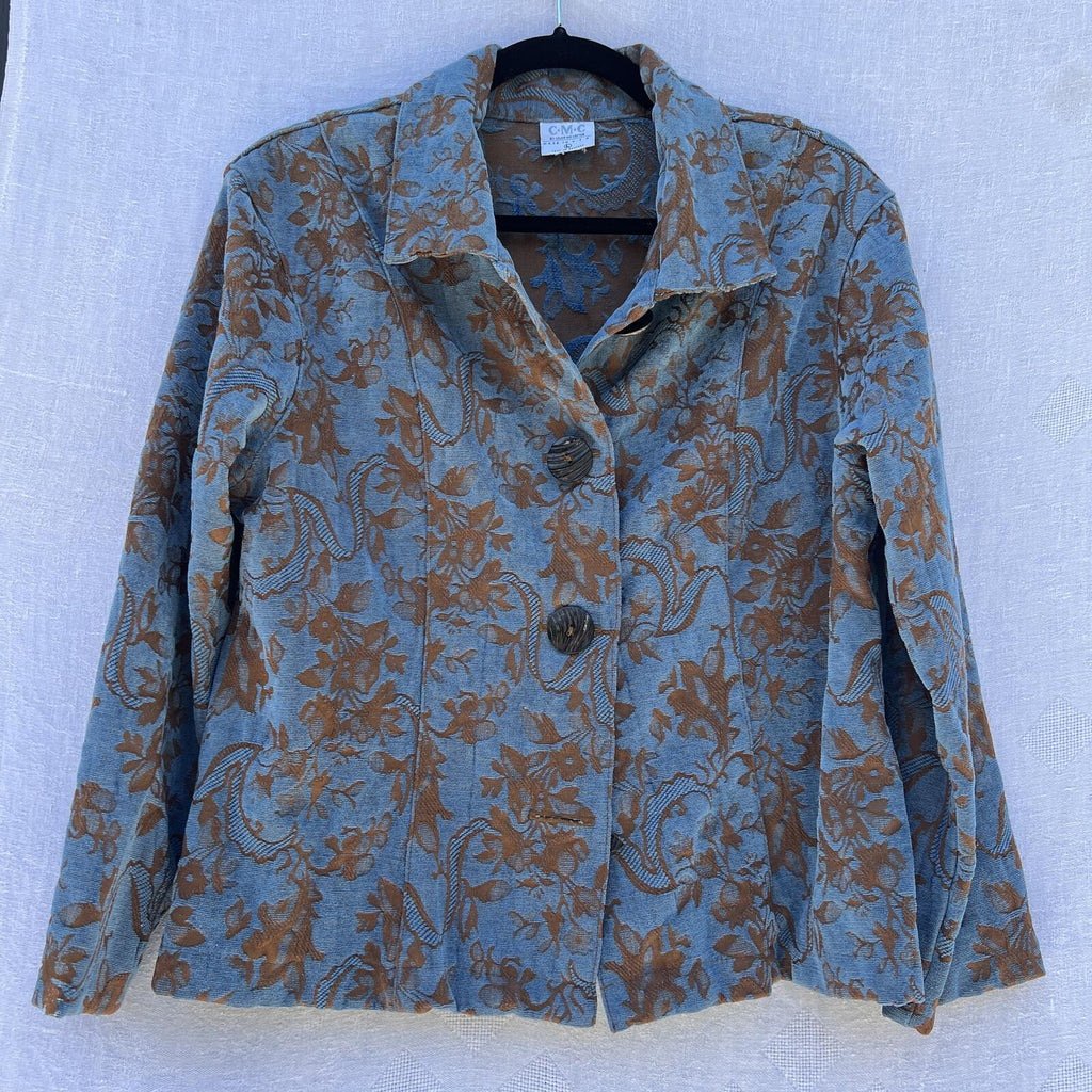 CMC Blue Brown Floral Tapestry Jacket Womens Large Boho Button Front Coat