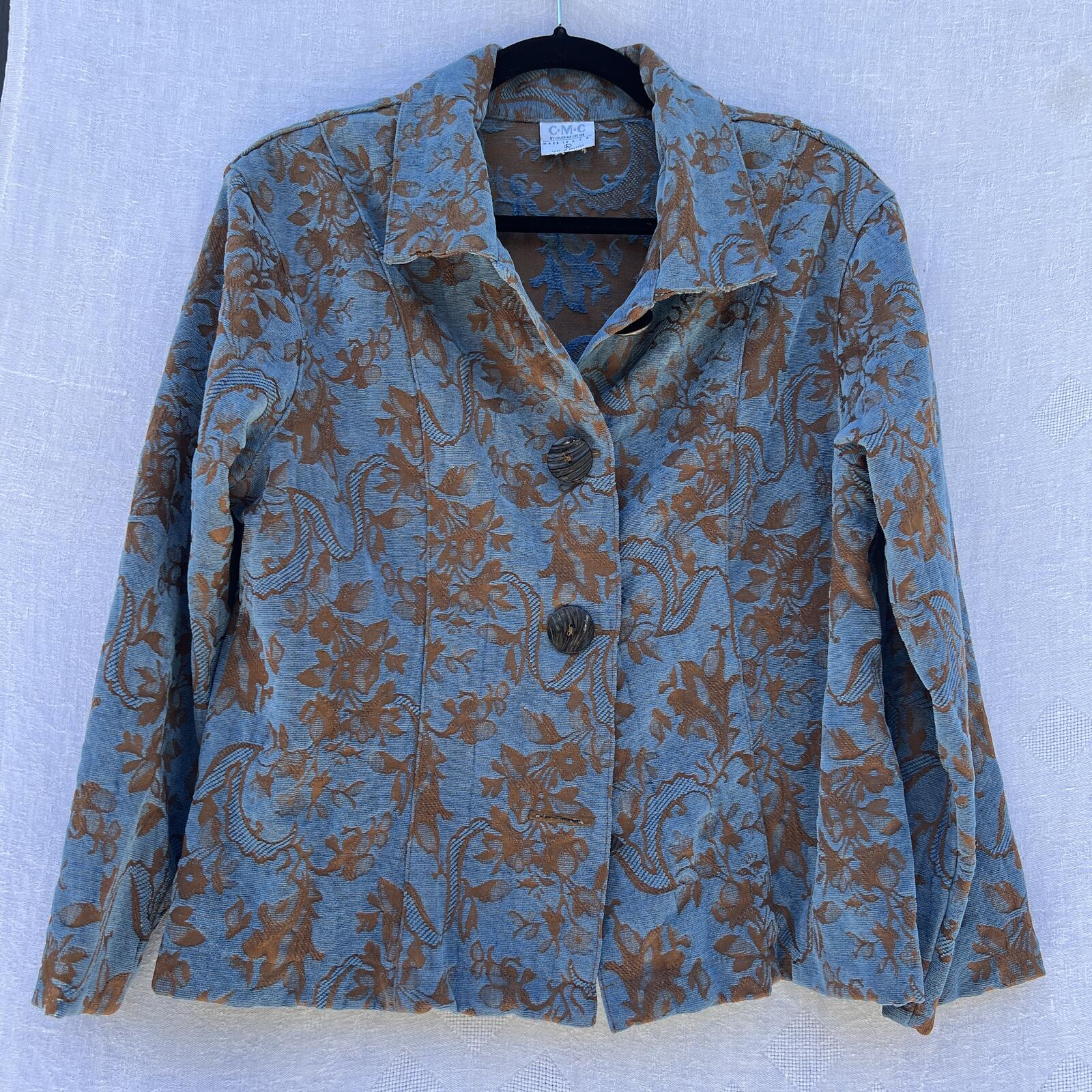 CMC Blue Brown Floral Tapestry Jacket Womens Large Boho Button Front Coat