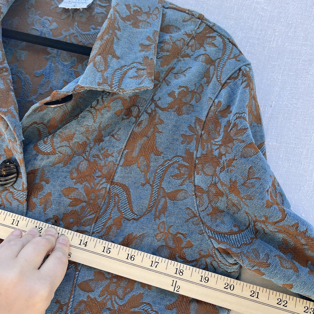 CMC Blue Brown Floral Tapestry Jacket Womens Large Boho Button Front Coat