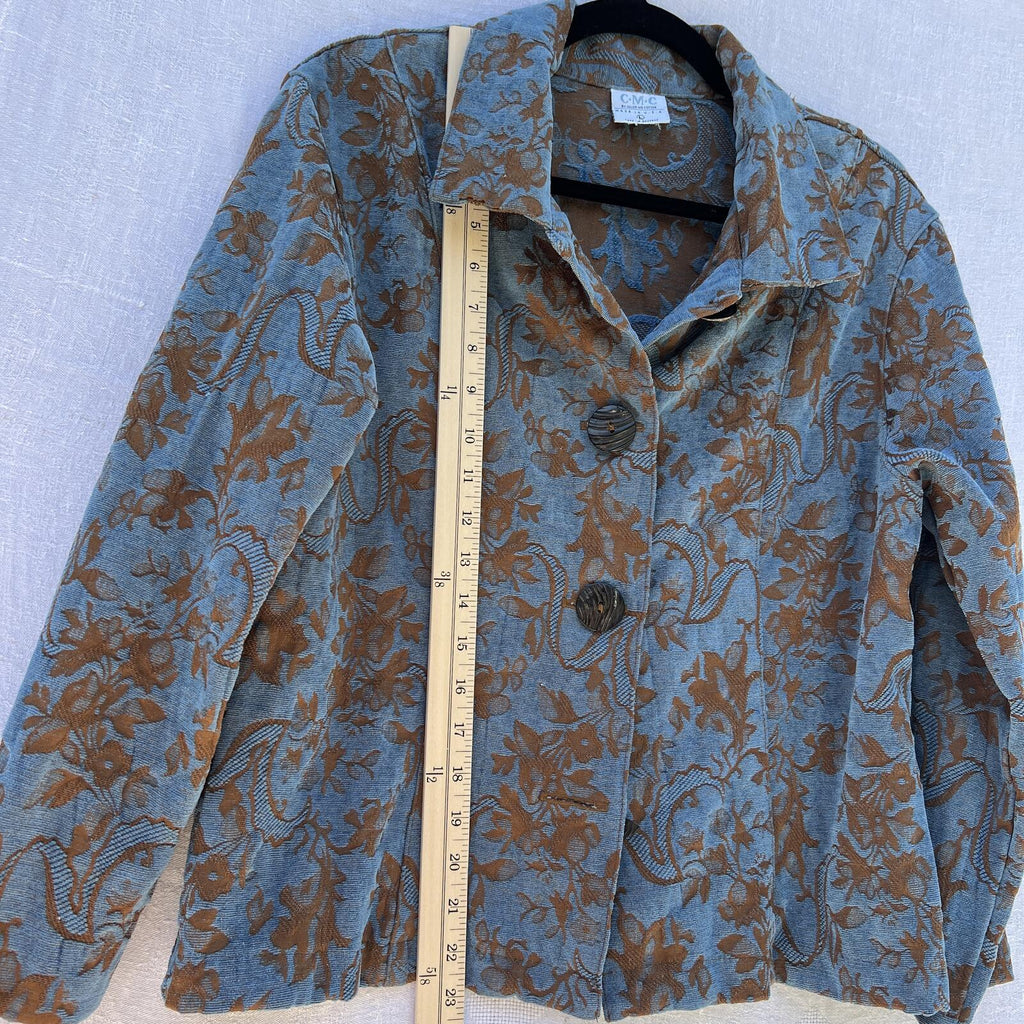 CMC Blue Brown Floral Tapestry Jacket Womens Large Boho Button Front Coat