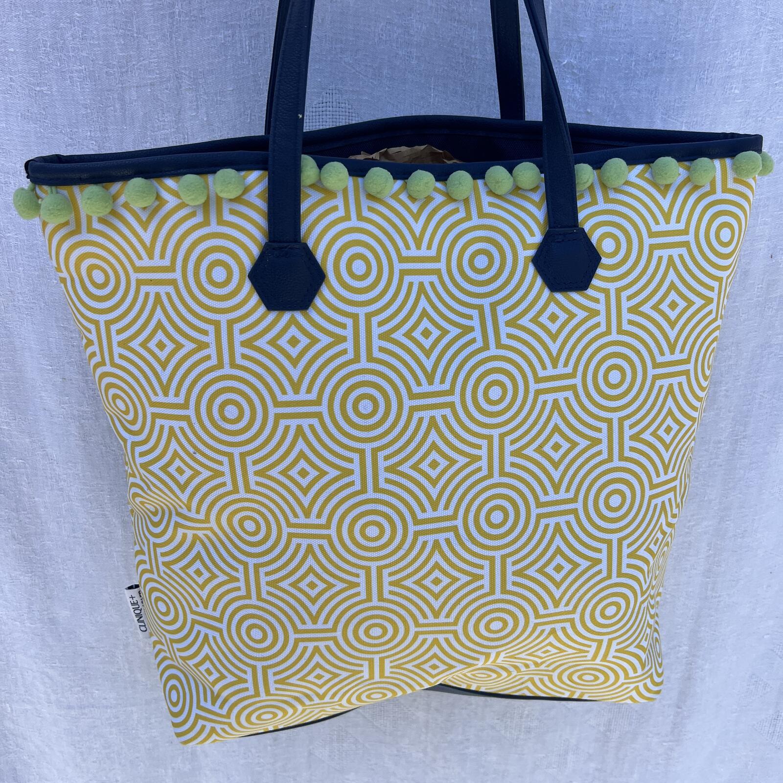 Clinique x Jonathan Adler Yellow Geometric Tote Pom Pom Beach Travel Bag
