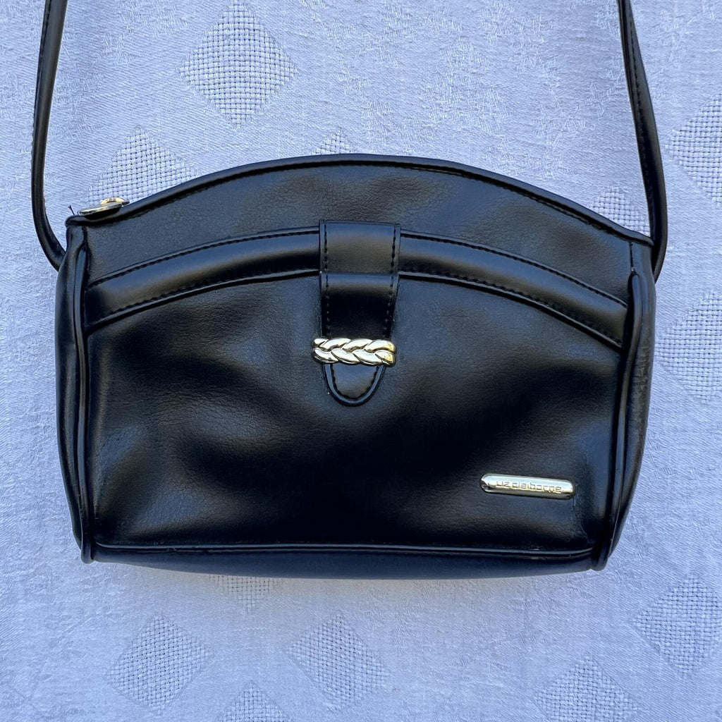 Vintage Liz Claiborne Black Leather Shoulder Bag Gold Chain Accent Purse