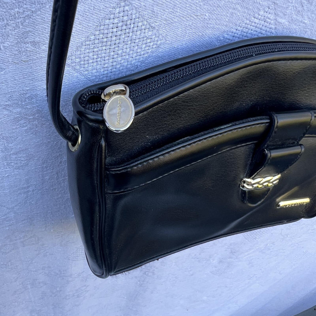 Vintage Liz Claiborne Black Leather Shoulder Bag Gold Chain Accent Purse