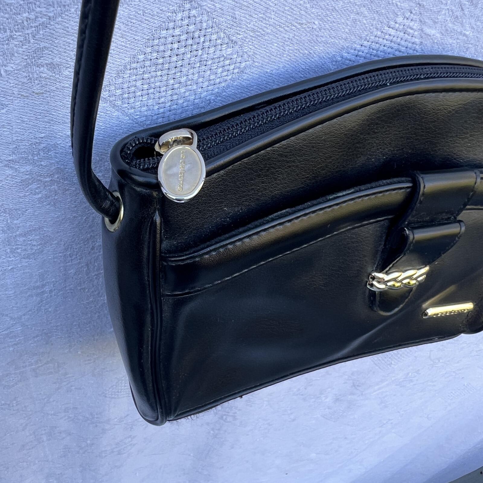 Vintage Liz Claiborne Black Leather Shoulder Bag Gold Chain Accent Purse