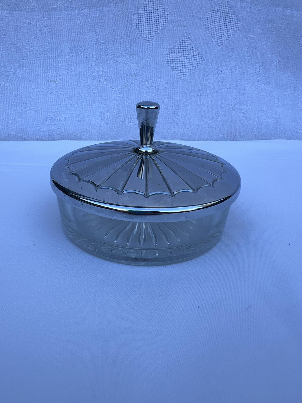 Vintage Glass Powder Jar Silver Lid Vanity Dish Trinket Box Art Deco