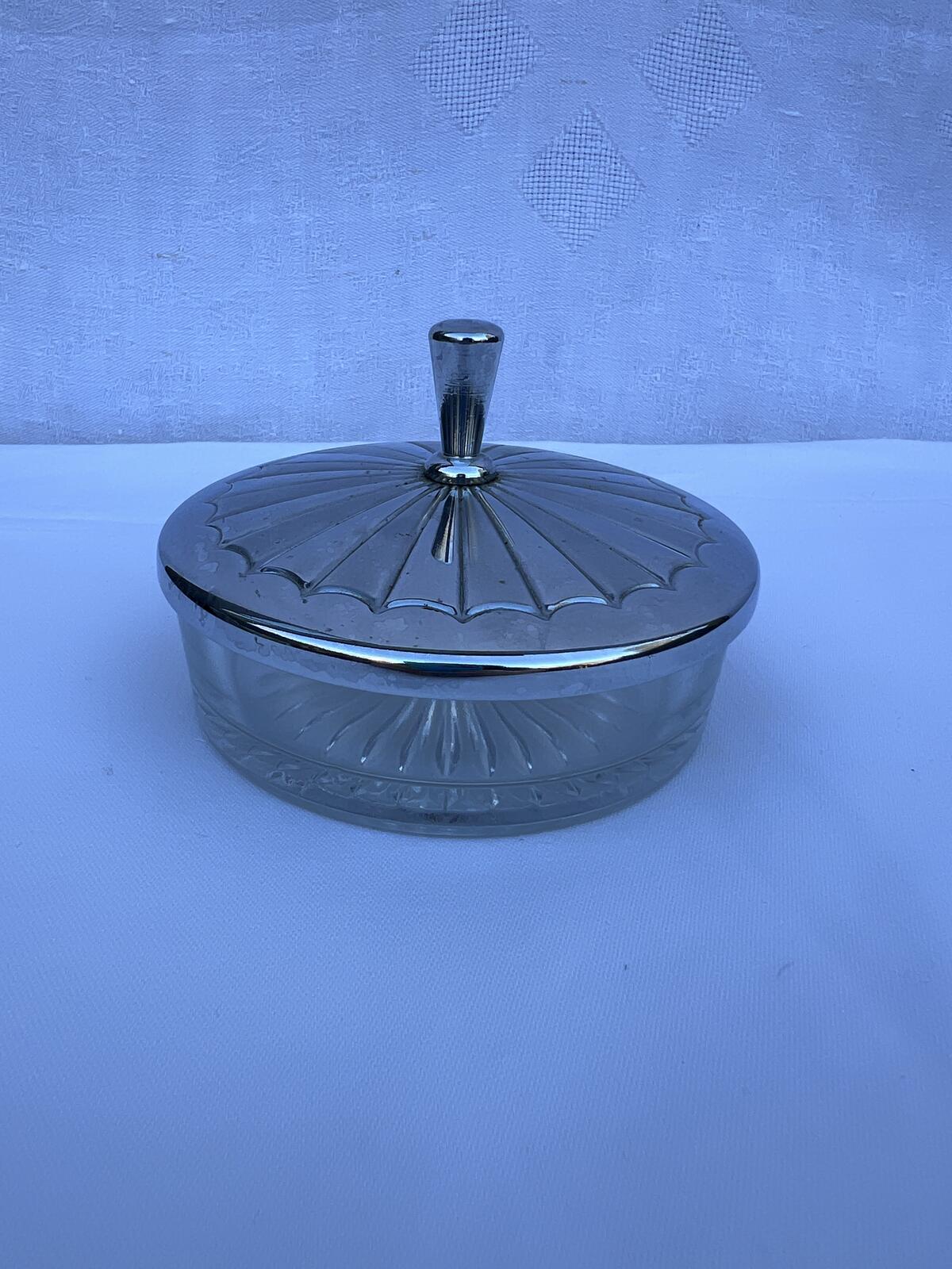 Vintage Glass Powder Jar Silver Lid Vanity Dish Trinket Box Art Deco