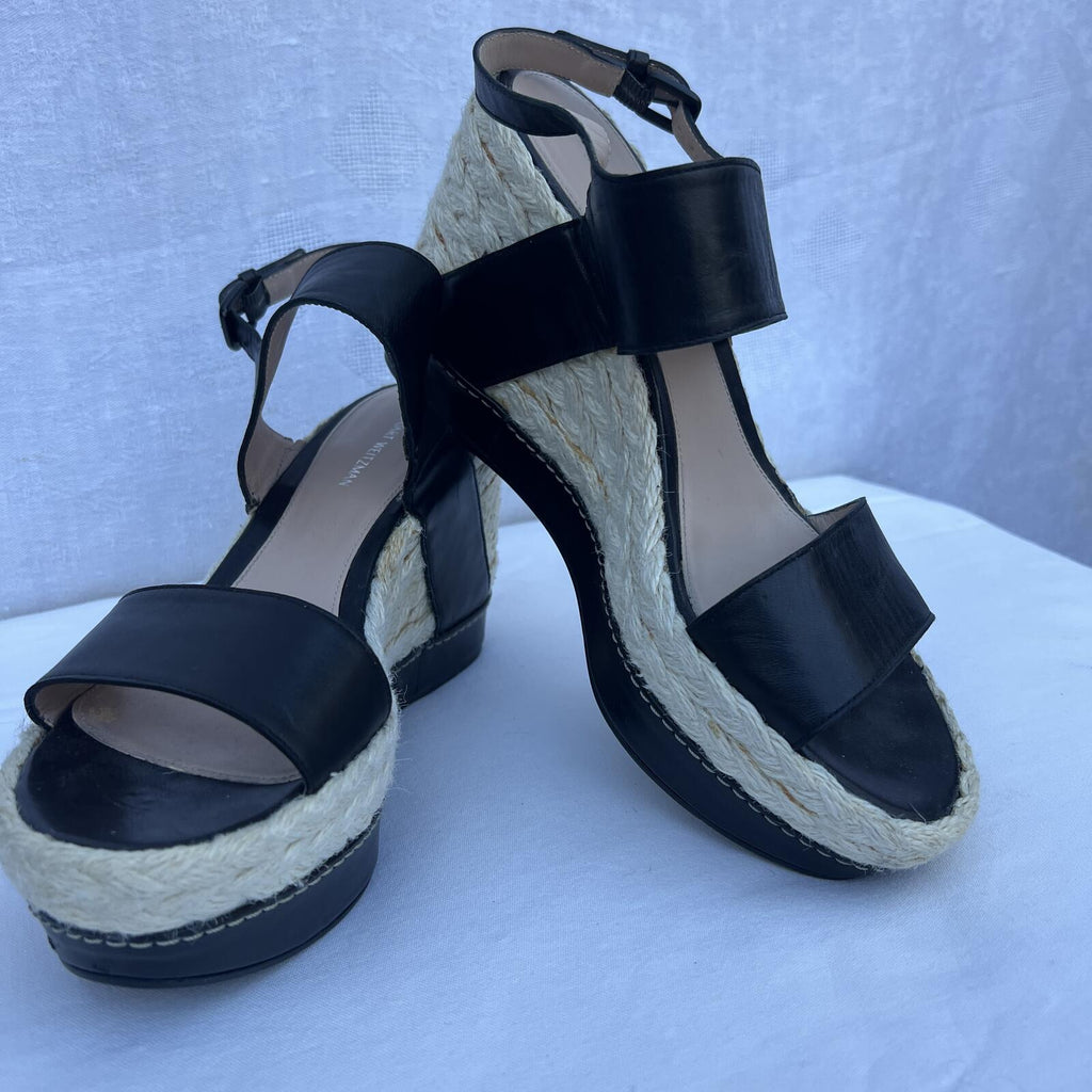 Stuart Weitzman Black Leather Espadrille Wedge Sandals Size 9M Chic