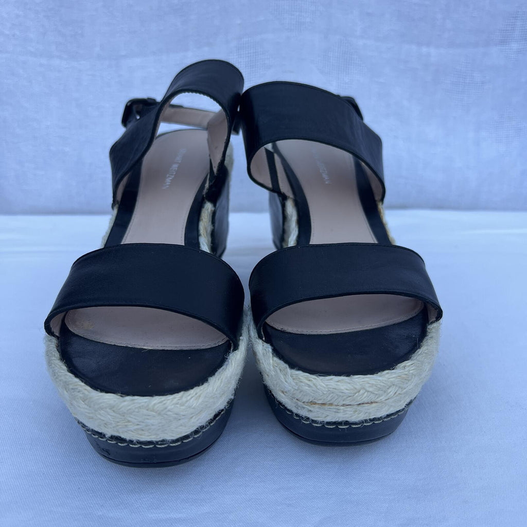 Stuart Weitzman Black Leather Espadrille Wedge Sandals Size 9M Chic