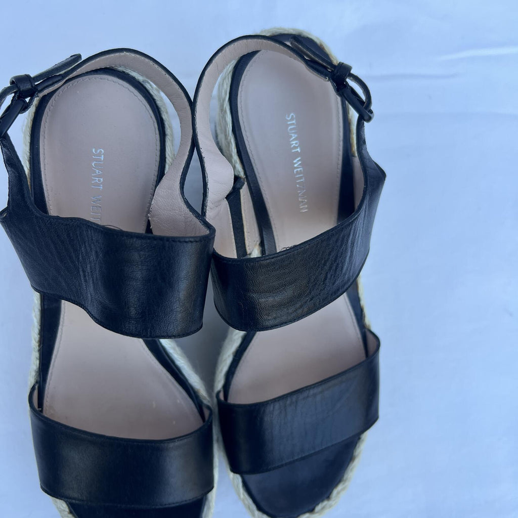 Stuart Weitzman Black Leather Espadrille Wedge Sandals Size 9M Chic