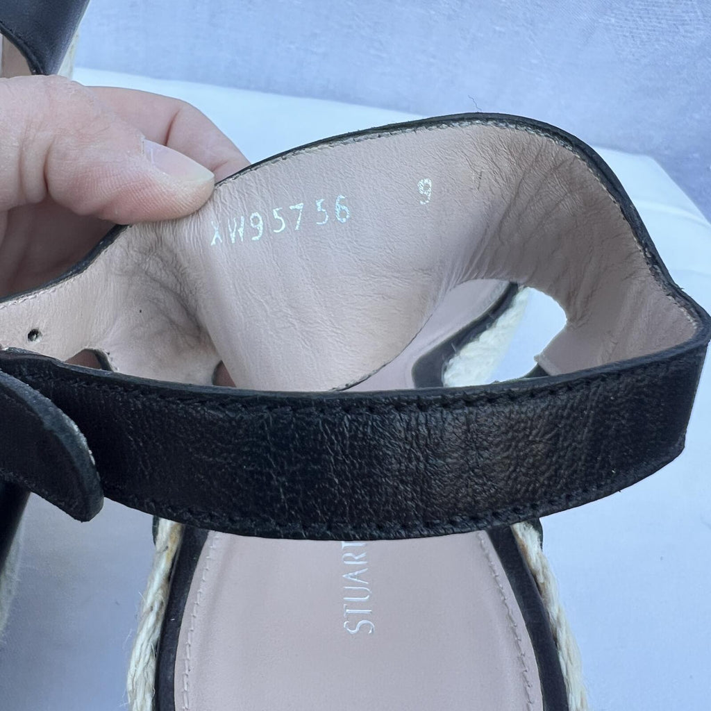 Stuart Weitzman Black Leather Espadrille Wedge Sandals Size 9M Chic