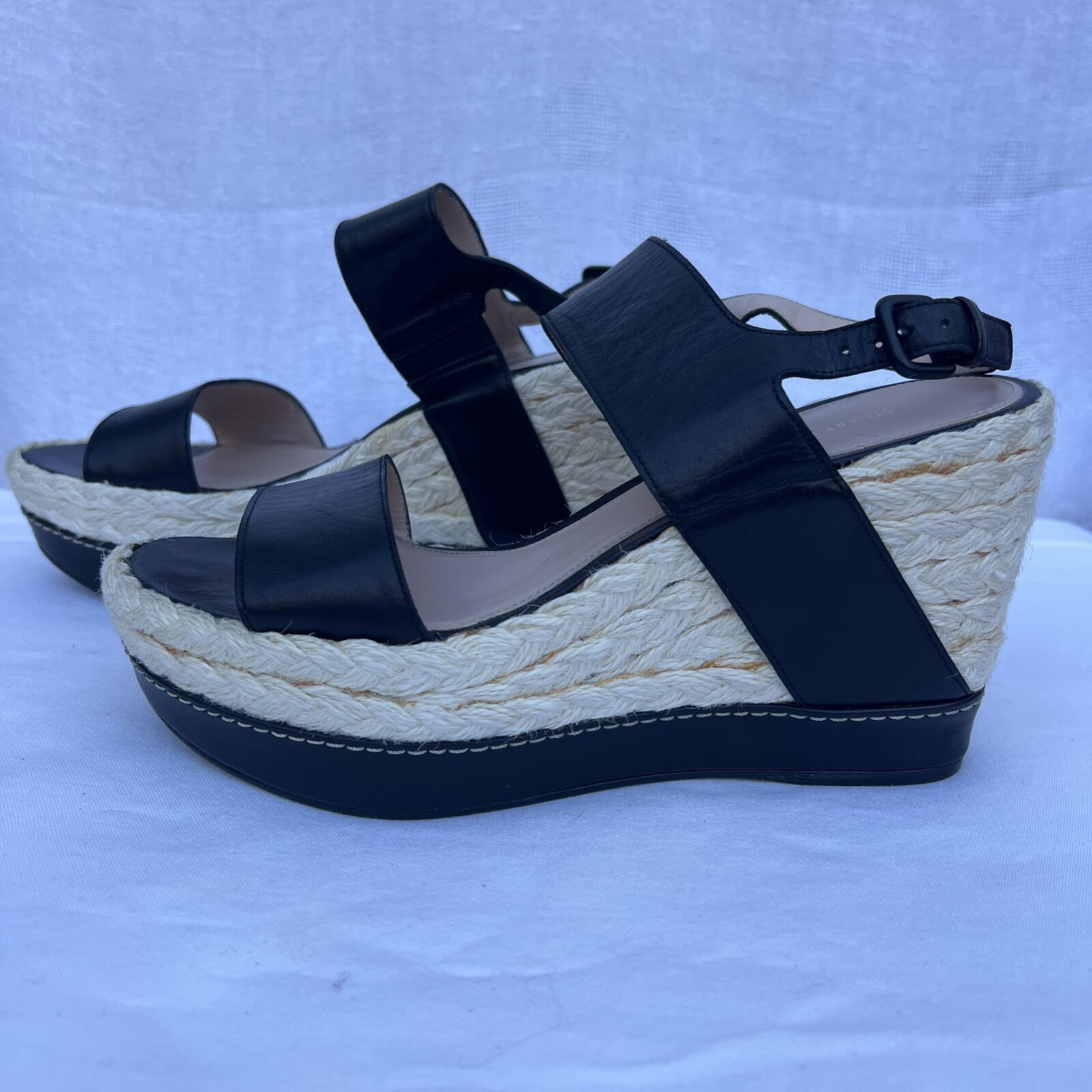 Stuart Weitzman Black Leather Espadrille Wedge Sandals Size 9M Chic