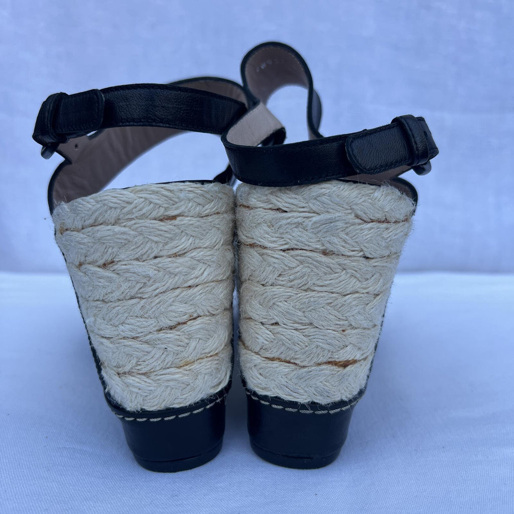 Stuart Weitzman Black Leather Espadrille Wedge Sandals Size 9M Chic