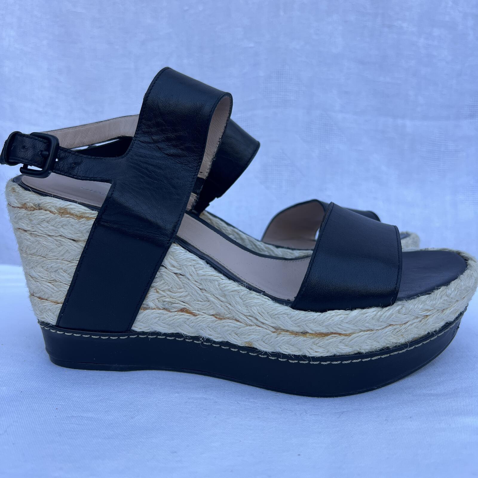 Stuart Weitzman Black Leather Espadrille Wedge Sandals Size 9M Chic