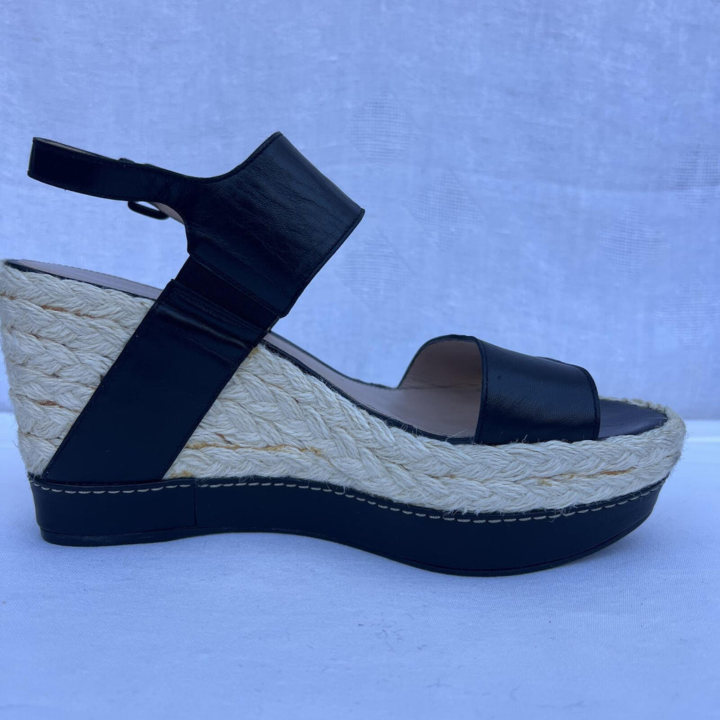 Stuart Weitzman Black Leather Espadrille Wedge Sandals Size 9M Chic