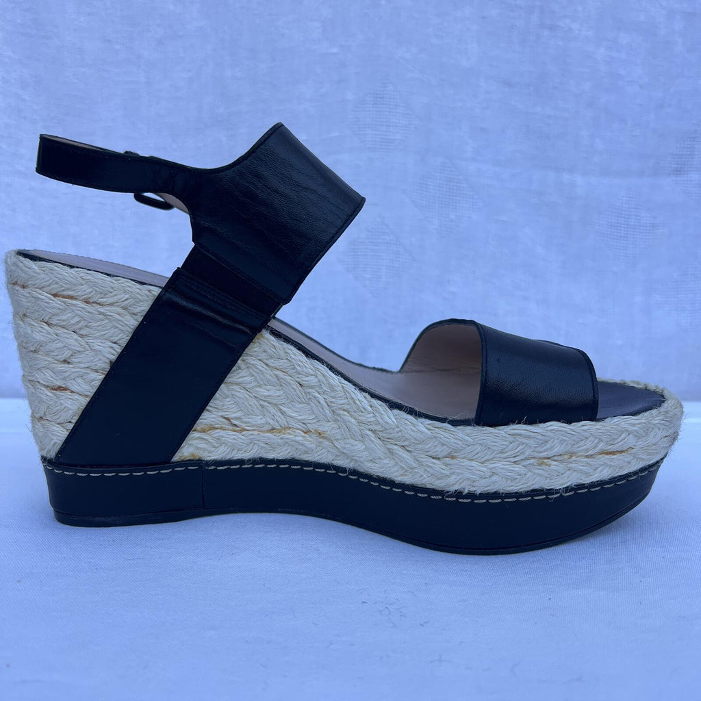Stuart Weitzman Black Leather Espadrille Wedge Sandals Size 9M Chic
