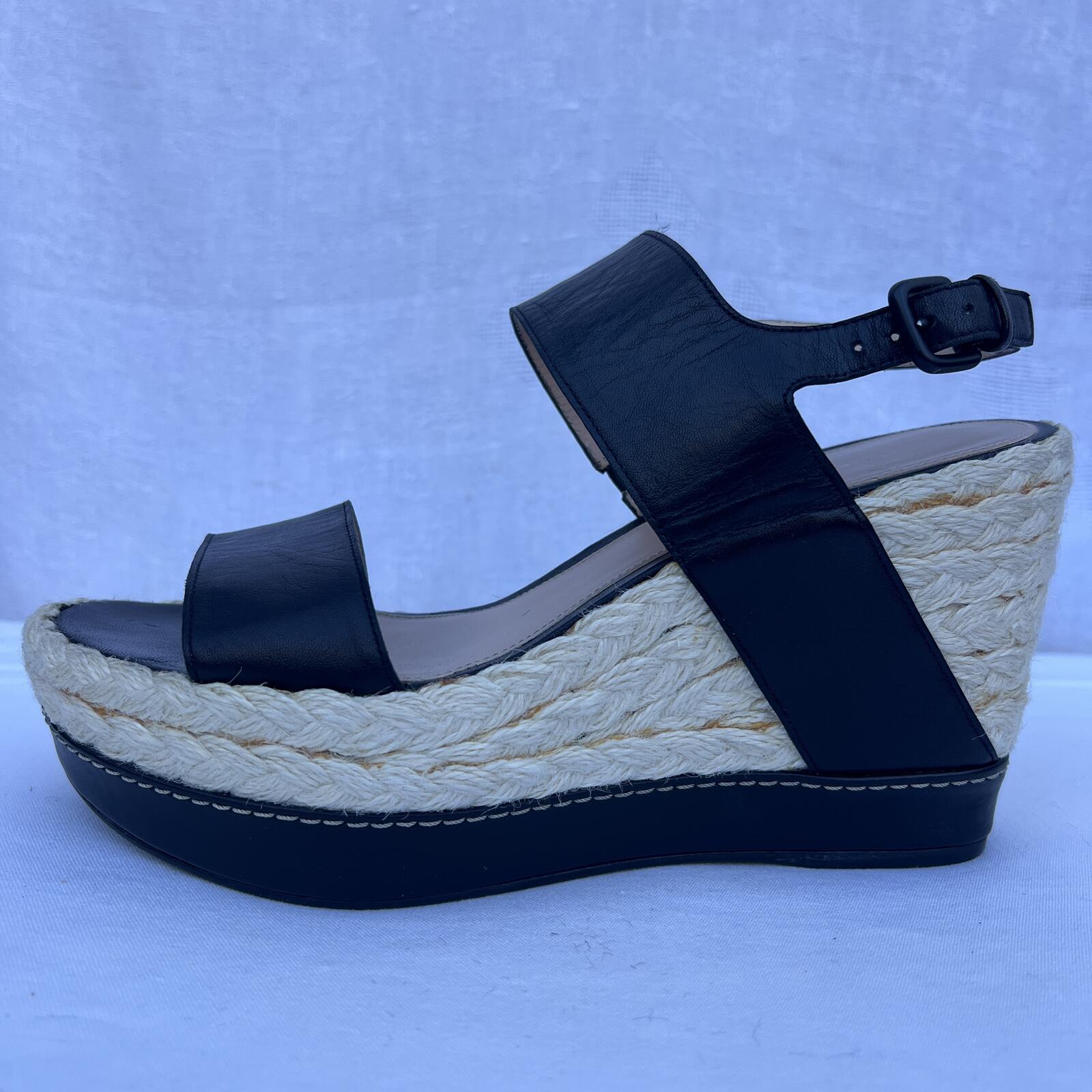 Stuart Weitzman Black Leather Espadrille Wedge Sandals Size 9M Chic